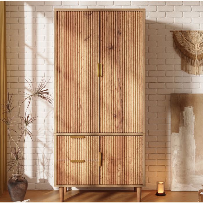COVREO Armoire de chambre 80 x 50 x 177 cm 3 portes 2 tiroirs tringle aspect chêne