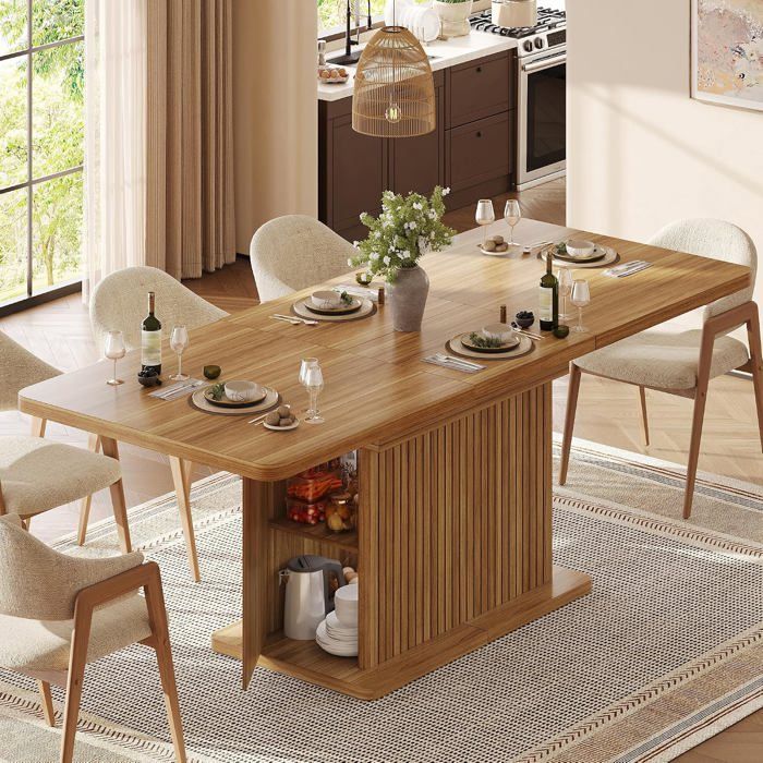 Table à Manger Extensible 120-160 cm-Rangement Caché Intégré-Plateau Rabattable-Façade Relief Vertical-Pieds Réglables-Marron
