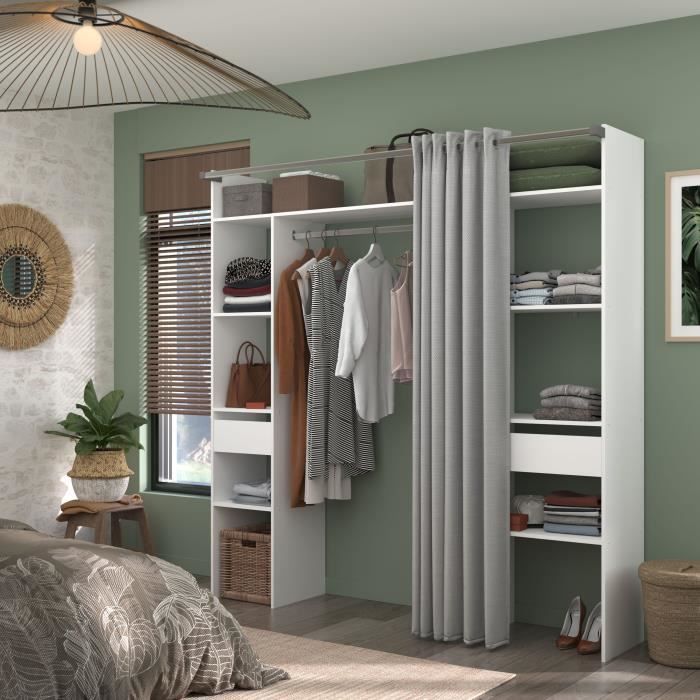 Kit dressing ARTIC avec rideau - Décor Blanc - 2 colonnes + 2 penderies + 2 tiroirs - L 198 x P 40 x