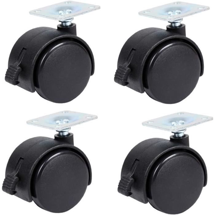 Roulettes Pivotantes Noires Silencieuses Pour Chaise Bureau - Lot De 4 Avec Frein - Diamètre 50mm