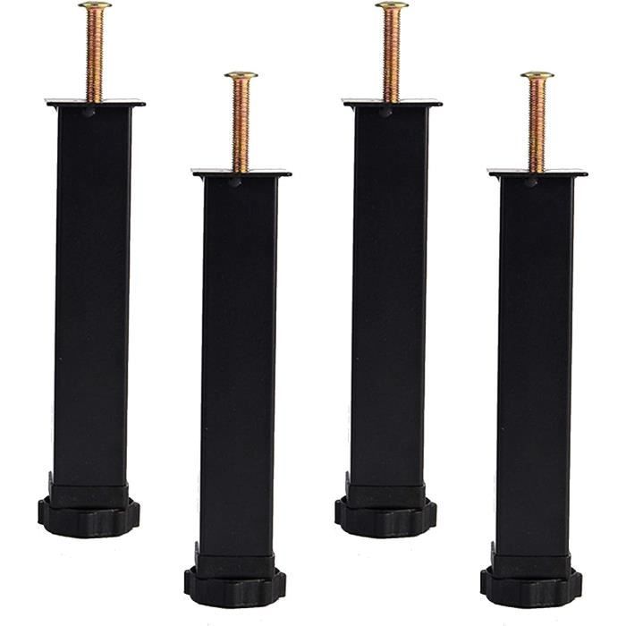 4 Pieds De Lit Réglables Métal Noir 24 Cm - Support Cadre Sommier 3x3 Cm, Charge 500 Kg, Base ABS Antidérapante