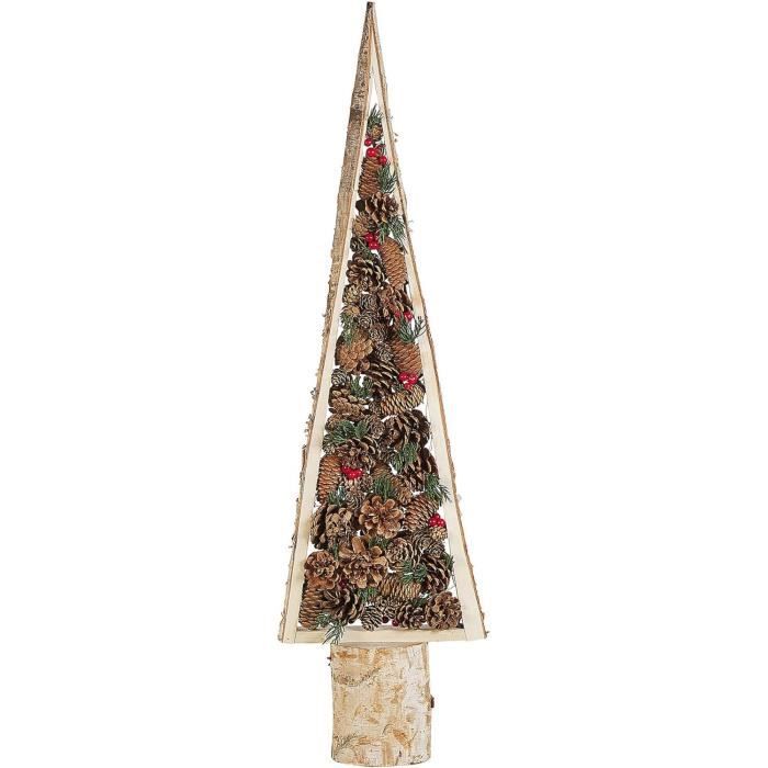 Figurine Sapin De Noël En Bois Naturel Clair Avec Décorations Rouges Et