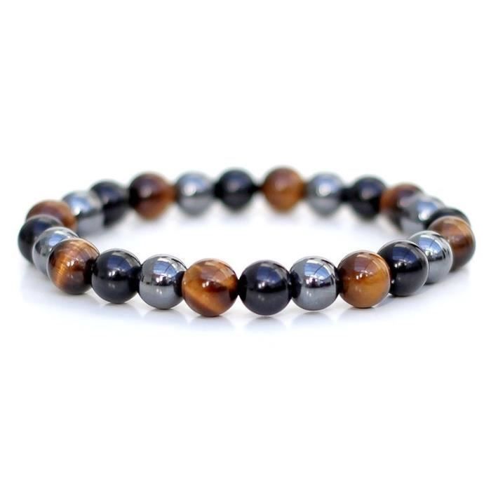 Bracelet En Pierre Mixte Obsidienne Oeil De Tigre Hématite Bracelet Triple Protection Pierre SemiPrécieuse Naturelle_Argent