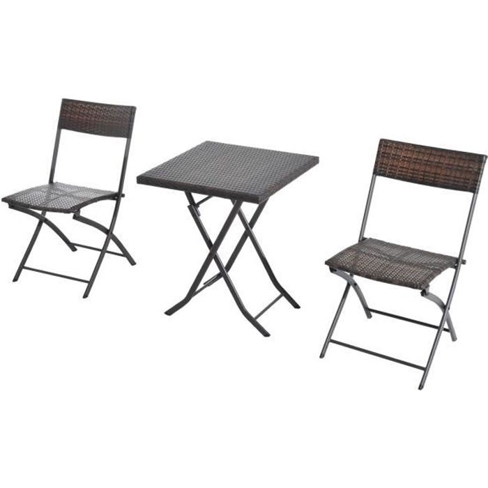 Ensemble meubles de jardin design table carré et chaises pliables résine tressée imitation rotin marron neuf 76