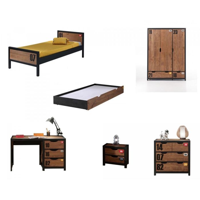 Vipack - Chambre enfant 7 pièces pin massif foncé et noir Alex 90x200 cm