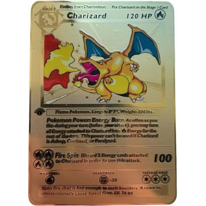 Pokémon Charizard 1ère édition Carte en métal doré à collectionner 4/102 