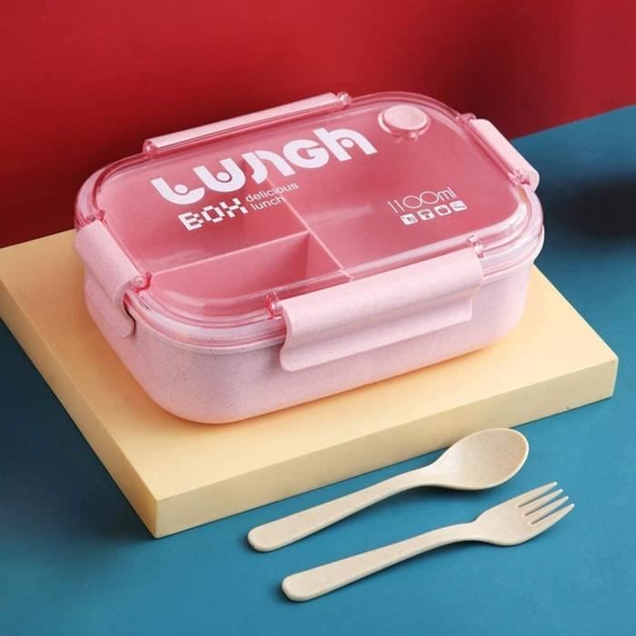 Anti-Fuite Écologique Bento Lunch Box Blé Naturel 3 Compartiments 900ml Anti-Fuite Écologique Boîte de Conservation avec Fourchette Pink Cuillère pour Kids Adultes Bento Box 