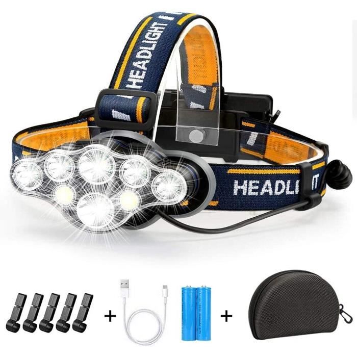 Lampe Frontale LED Rechargeable Ultra Puissante Lampe à 8 Del de 18000 Lumens Torche Frontale Étanche et Léger Jaune