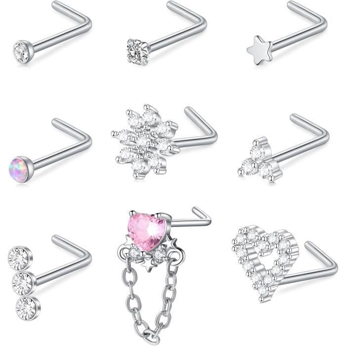 VFUN - Set De 9 Anneaux Nez Courbés En L, Acier Chirurgical 20G (0.8mm), Hypoallergénique