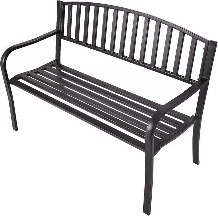 GOPLUS Banc de Jardin en Acier Chaise de Terrase avec Siège et Dossier en Latte Canapé à 2 Places de Jardin pour Cour Terrasse