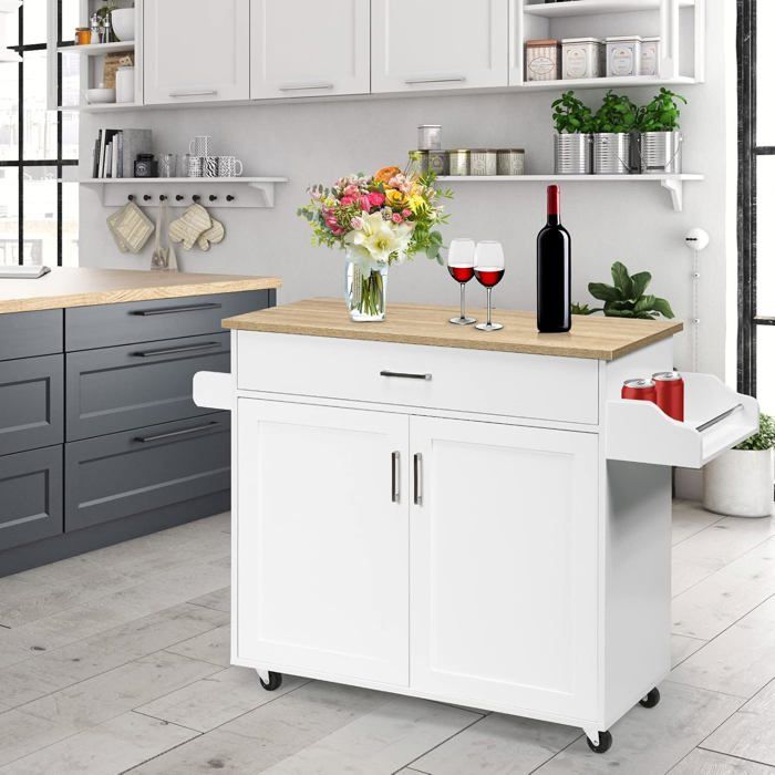 GOPLUS Desserte de Cuisine 116 x 40 x 85 CM îlot Central Cuisine à Roues avec Porte-serviettes Porte-épices et Étagère Réglable