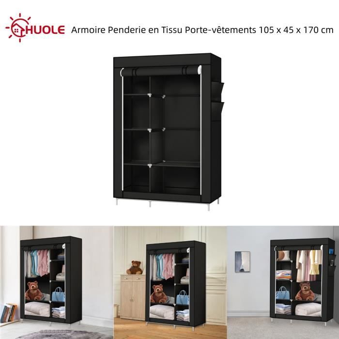Armoire Penderie en Tissu HUOLE - Noir - 5 compartiments - Barre de suspension