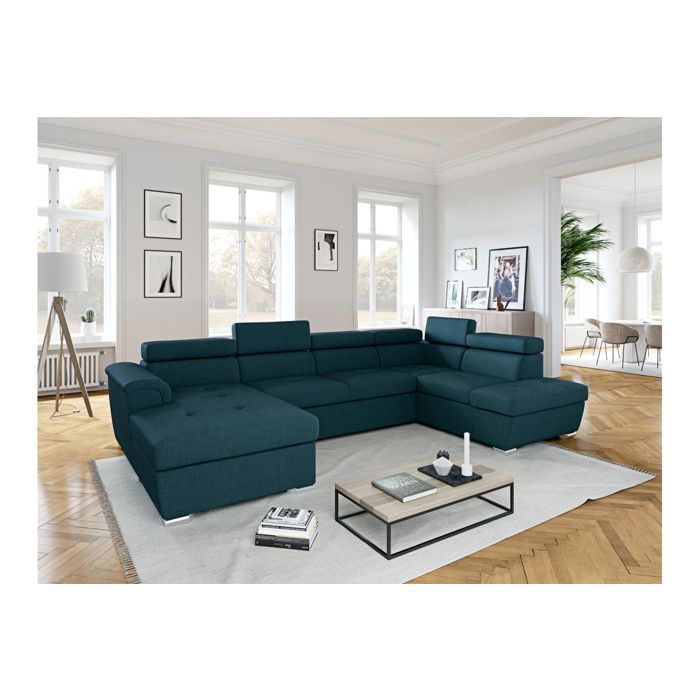 Canapé panoramique convertible avec 2 coffres PAOLA en tissu - Bleu - L320 5 x P188 x H76cm - LOUNGITUDE Canapé panoramique convertible avec 2 coffres PAOLA en tissu - Bleu - L320 5 x P188 x H76cm - LOUNGITUDE