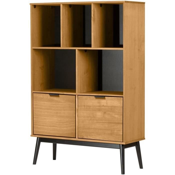 meuble etagere 2 portes 5 niches decor chene cire l 95 x p 35 x 141 5 cm manila cdiscount maison