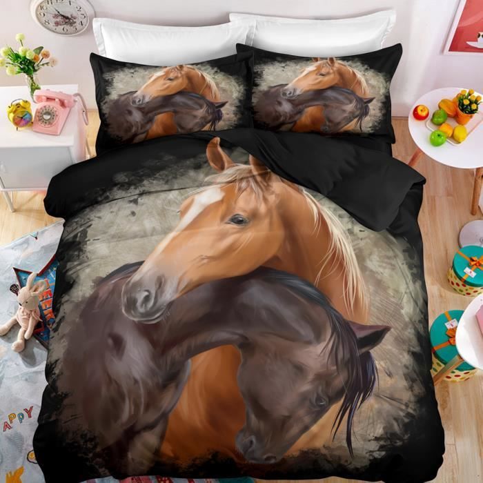 Drap Housse 140x200 Coton Parure De Lit Cheval Brun 2 Pièces - Housse Couette 140x200 Taie 65x65, 100% Coton Ensemble Lit Cheval Brun