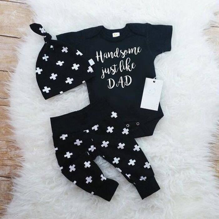 Nouveau Ne Bebe Beau Garcon Lettre Juste Comme Papa Romper Chapeau Pants Set Tenues Noir Blanc Cdiscount Pret A Porter