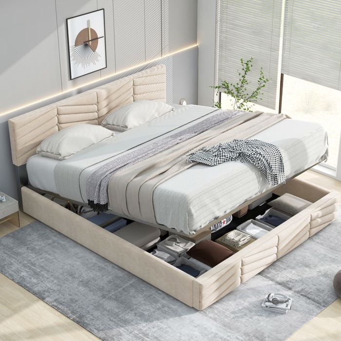 Lit Double Rembourré 140x200 - Tête De Lit Capitonnée, Sommier à Lattes, Style Bubble Moderne Beige - 7