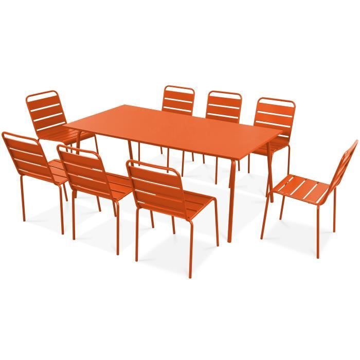 Ensemble table de jardin et 8 chaises en acier Palavas - Orange