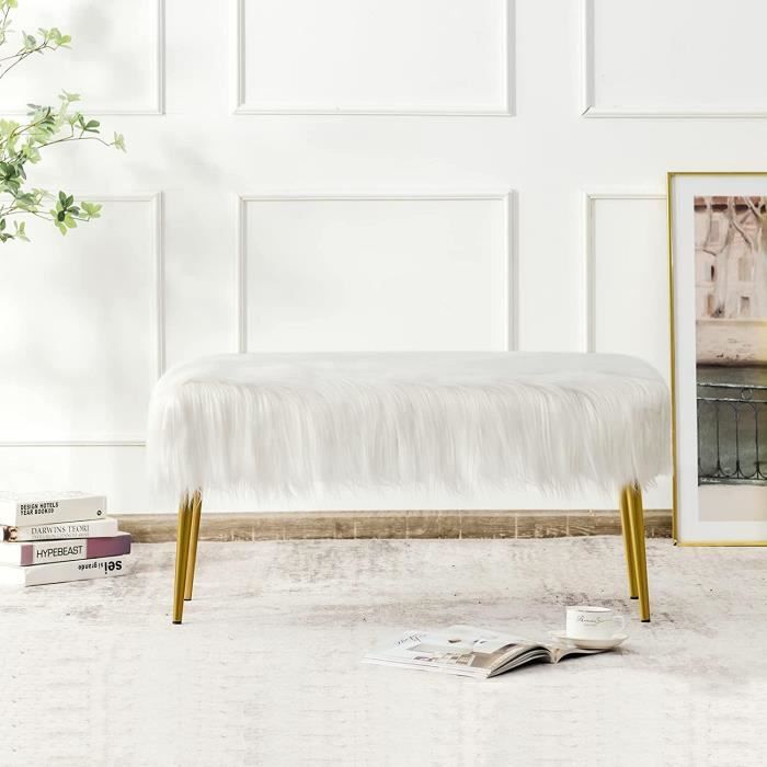 Chairus - Lot De 3 : Banc Velours Côtelé + 2 Poufs Repose-Pieds, Banc D'Entrée / Salon Blanc - Style Rétro Élégant Et Gain De Place