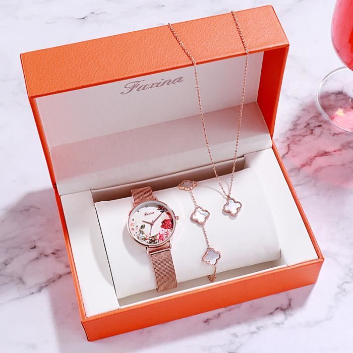 Coffret Cadeau Montre Fille Rose + Parure Bijoux Danseuse – Collier, Bague, Bracelet