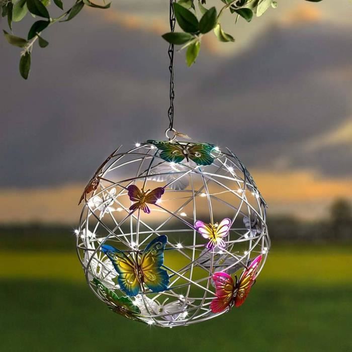 Lampe de jardin solaire, décoration de globe suspendu lumière étanche, avec papillon, décoration pour la pelouse de la cour du patio