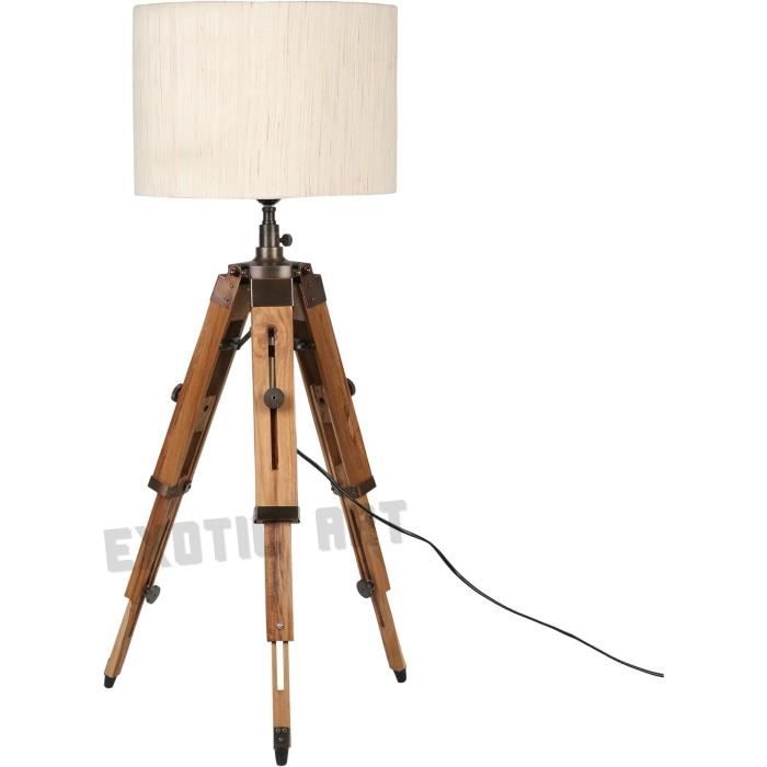 COCHIN T-Lampadaire Trépied Bois Naturel Abat-jour: Cylindre Tissu