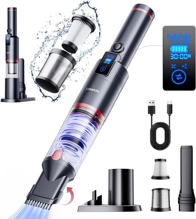 Aspirateur à Main Sans Fil Rechargeable - SmartAI H5 - 145W/17000Pa - jusqu 30 Mins - Affichage LED - Voiture,Maison,Poils