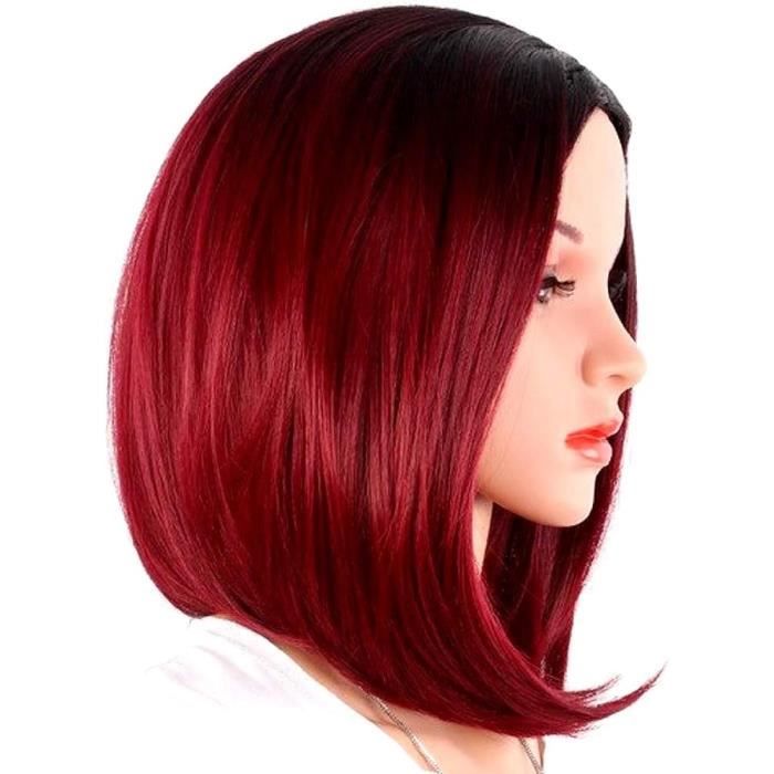 Perruque Longue Rouge Vagues - 100% Synthétique - Racine Noire - Taille Moyenne - + 4 Bonnets Inclus