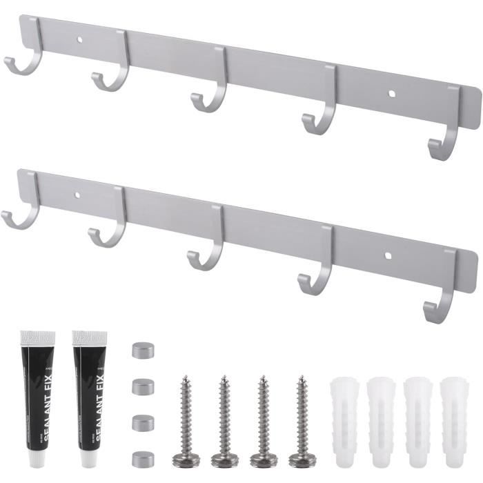 Porte-Manteau Mural Avec 5 Crochets – Lot De 4 – Alliage Aluminium Noir – Installation Sans Clou Possible