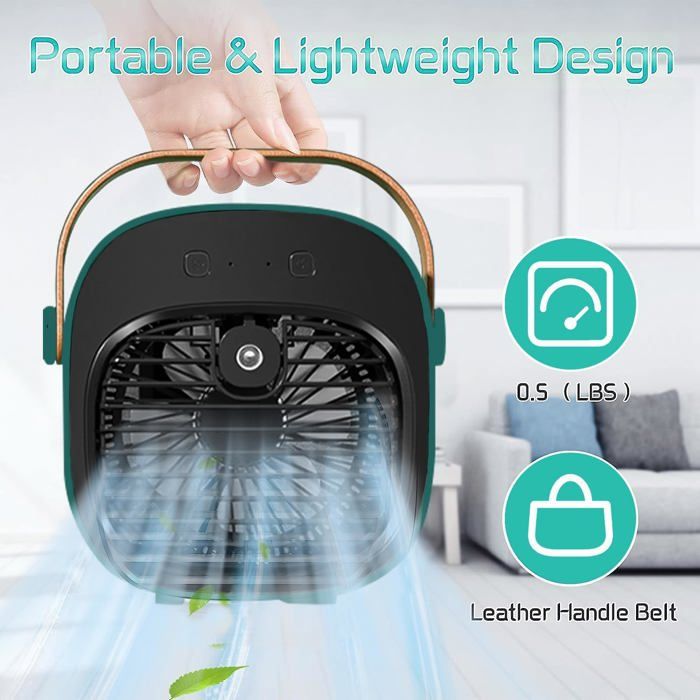 Anluomania Mini Climatiseur Portable 600 Ml USB – Ventilateur Brumisateur 3 Vitesses, 3 Modes Brume, Oscillation 120°, Lumière 7 Couleurs – Rafraîchisseur D’Air Été