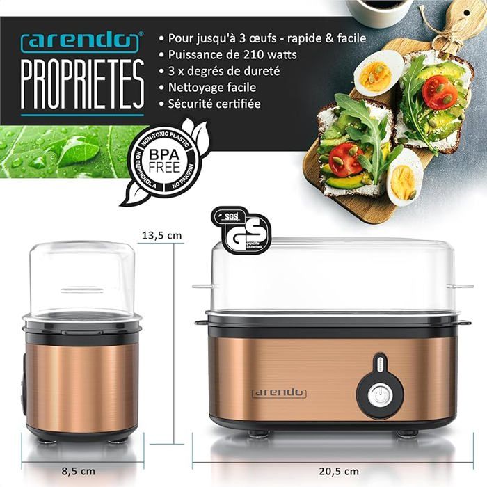 Arendo Threecook Cuiseur à Œufs Inox 1-3 Œufs - Dur, Mollet Ou Coque - 210W - Avec Verre Doseur Et Perce-Œuf
