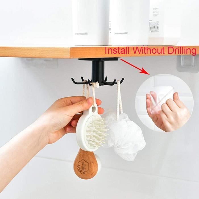 Crochet de cuisine rotatif à 360°, sans perforation, 2 crochets de cuisine,  crochet de bar, organiseur à suspendre pour ustensiles de cuisine, noir