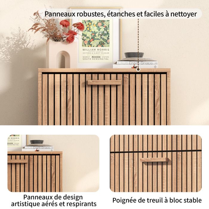 Meuble à Chaussures 3 Portes En Bois - 60x24x113 Cm - Avec Coussin - Pour Entrée, Chambre, Couloir