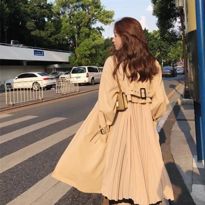 Manteau Trench Coat Long plisse en mousseline de soie pour femme manteau de printemps ample vetements d exterieur Type Khaki Blanc Cdiscount Pret a Porter