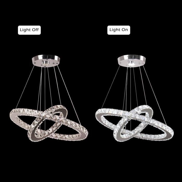 Lustre Moderne à LED 3 Anneaux En Cristal - Hauteur Réglable, Télécommande, 3 Tons De Lumière, Pour Cuisine Ou Salle à Manger