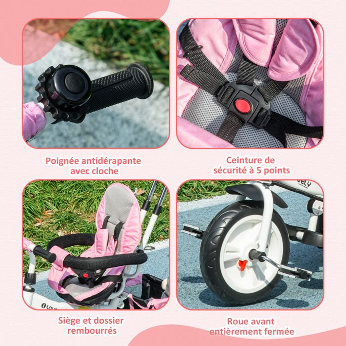 HOMCOM Tricycle Enfant Pare-soleil Pliable Canne Amovible Benne Rangement Acier Bleu A Pois Noir
