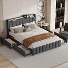 BLANKETSWARM Lit double 160x200 cm avec sommier à lattes, tête de lit avec LED et USB, 4 tiroirs, tissu en lin, gris