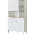 PEGANE Buffet meuble cuisine 5 portes + 1 tiroir coloris blanc artic/chêne canadien - Hauteur 186 cm x Longueur 108 cm x Profondeur 40 cm