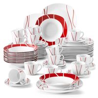 MALACASA Assiette Série FELISA, 60 pièces Service de Table Complet en Porcelaine, Motif à rayures blanches et rouges
