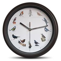 Horloge Murale Musicale Ronde Ø25 cm - 12 Chants d'Oiseaux - Silencieuse, sans Tic Tac - Déco Maison - Effet Bois
