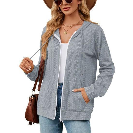 Gilet Zippe en Tricot Femme a Capuche Casual Cardigan Manches Longues Avec Poches Couleur Unie Gris Cdiscount Pret a Porter