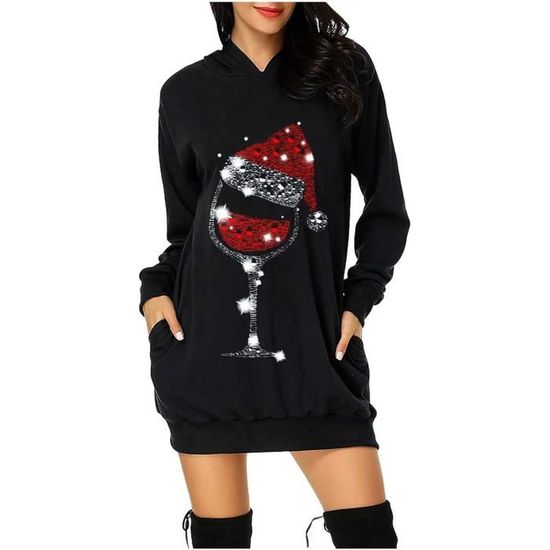 Robe Pull De Noël Femme à Capuche - Motif Wapiti, Manches Longues, Poche, Vert Festif - 2