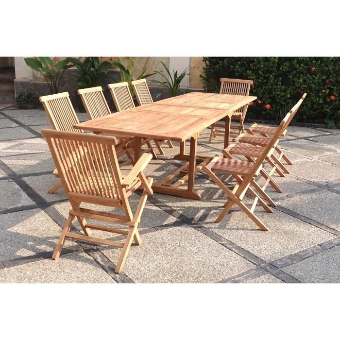 Le Lombok mix : salon en teck massif brut 12/14 personnes, comprenant 1 table rectangulaire 8 chaises et 2 fauteuils