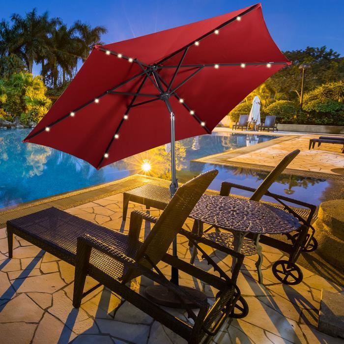 COSTWAY Parasol Déporté et Inclinable de Jardin Dia 270 CM avec 18 LED Solaire Strucutre en Métal Robuste Vin rouge Anti-UV