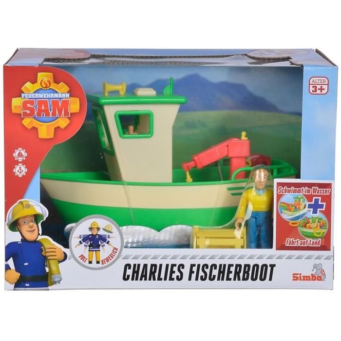 Set de jeu Le bateau de pêche de Charlie avec le personnage de jeu mobile Charlie et ses accessoires, tels que le filet de pêche et
