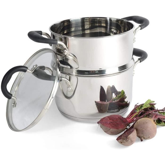 ProCook Gourmet Steel - Set Cuiseur Vapeur Inox Induction - 20cm / 2 Niveaux - Marmite & 1 Panier Vapeur Inox - Couvercle Verre Trem