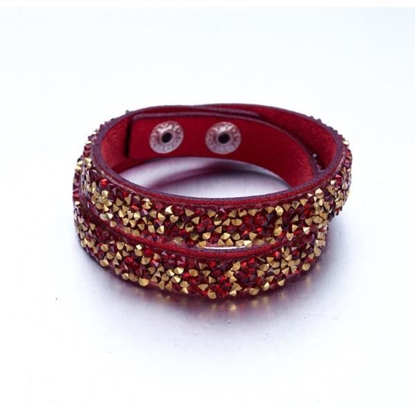Bracelet Cristaux Rouges et Dorés de Swarovski Elements et Cuir Rouge