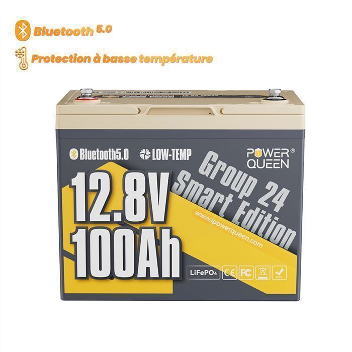 Batterie Lithium 12V100Ah LiFePO4 Bluetooth 100A BMS - 1280Wh -Taille Groupe 24 -pour camping -car hors réseau Power Queen