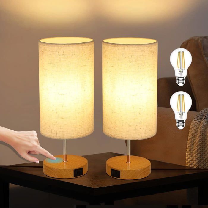 Lot de 2 lampes de chevet Homefire tactile - blanc chaud en tissu 3 niveaux dintensité Lampe à poser avec Ports de Charge USB