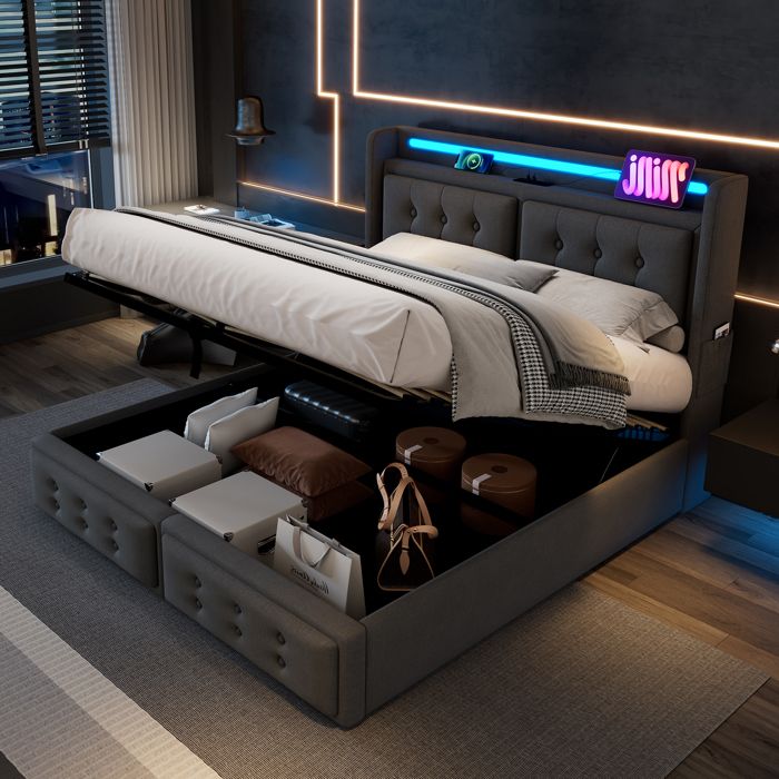 Lit coffre 160x200cm - en tissu lin - avec LED et prises USB et Type-C - avec sommier à lattes - Gris